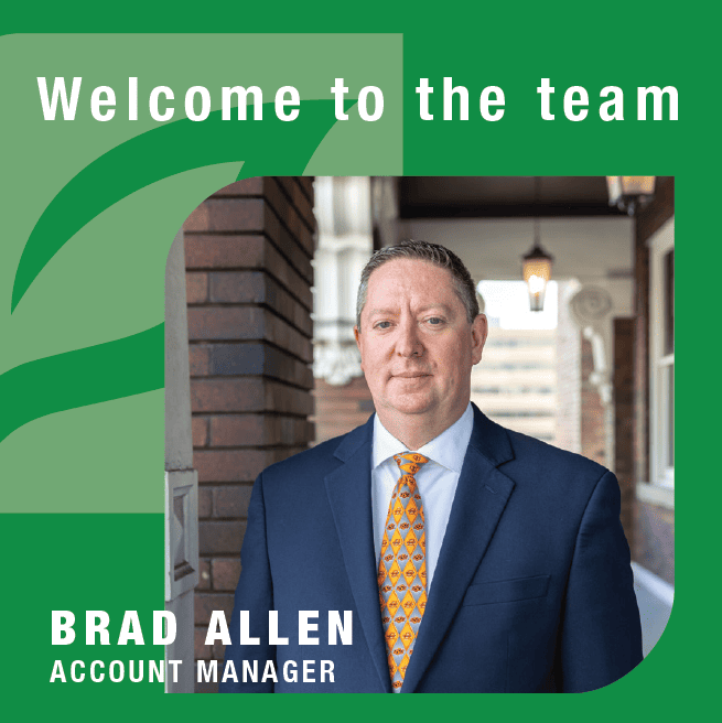 Image with a green background and text stating "Welcome to the team Brad Allen." Includes a headshot of Brad.