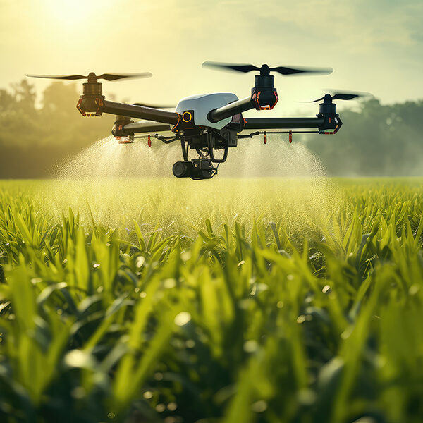 Smart farm drone flying spray over green field, Modern technologies in agriculture.