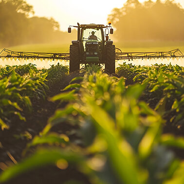 A tractor in a corn field with a sprayer spraying the corn crops with agricultural adjuvant and pesticide crop protection product